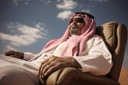 Tranquil Saudi man relaxing. Smile muslim. Generate Aiの素材