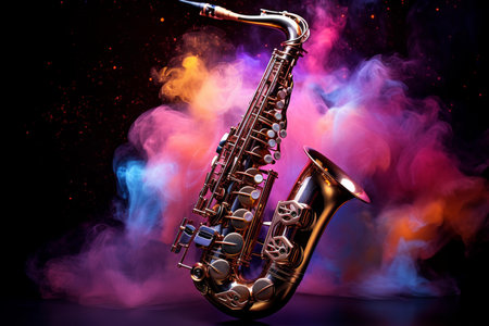 Saxophone galaxy. Brass musical instrument on a dark background. Generate AIの素材