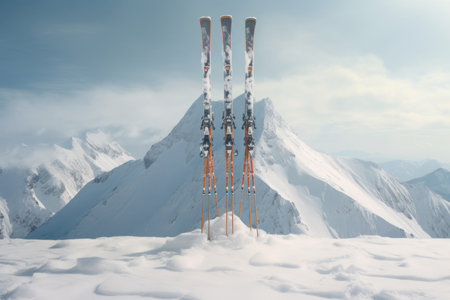 Glistening Skis in the snow mountains. Skiing equipment with montane froze icy panorama background. Generate aiの素材