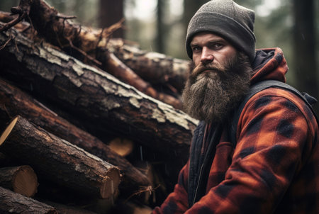 Industrious Lumberjack person forest. Nature wood industry. Generate Aiの素材
