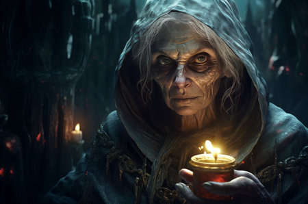 Mage old woman fantasy dungeon. Digital magic. Generate Aiの素材