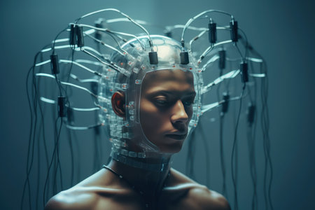 Pioneering Man with brain electrodes futuristic helmet. Human intellectual research and capabilities monitoring. Generate aiの素材