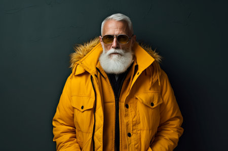 Wrinkled Old man yellow jacket. Old fun model. Generate Aiの素材