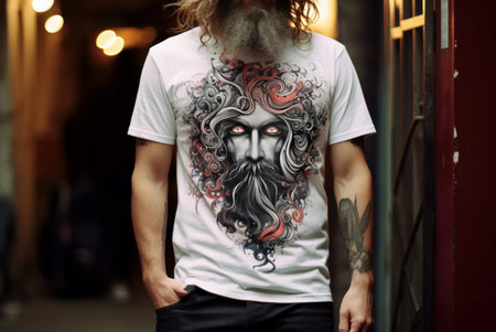 Serious man white tshirt. Model shirt. Generate Aiの素材