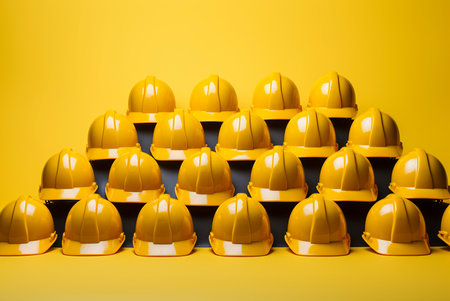 Safety-conscious Man row yellow helmet group. Energy engineer. Generate Aiの素材