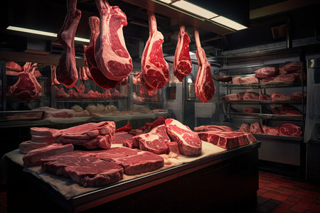 Meat shelves shop. Market food. Generate Aiの素材
