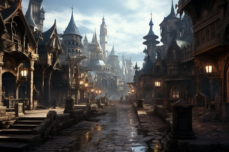 Ancient Medieval dark city. Urban town house. Generate Aiの素材