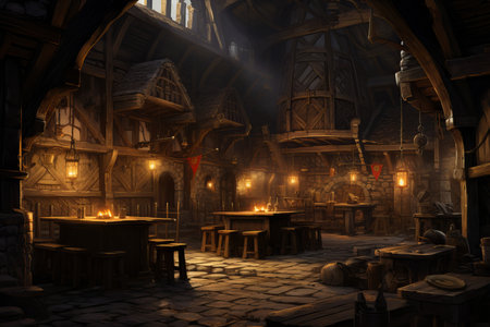 Timber-framed Medieval tavern exterior. Old pub bar. Generate Aiの素材