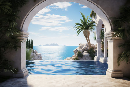 Picturesque Mediterranean pool view. Greece resort. Generate Aiの素材