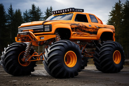 Monster truck giant orange fire. Rider auto jump car design. Generate Aiの素材