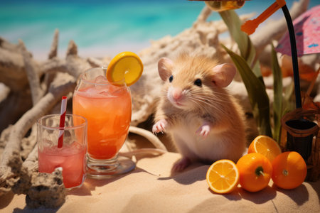 Mouse beach vacation sunset. Baby sun. Generate Aiの素材