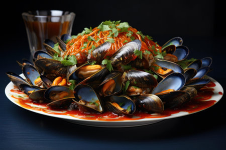 Steamy Mussels boiled restaurant. Cuisine dish. Generate AIの素材