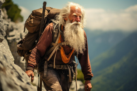 Determined Old man hiking. Happy senior person. Generate Aiの素材