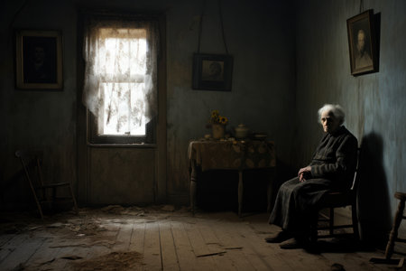 Old woman sitting alone in front of the door. Home room. Generate Aiの素材