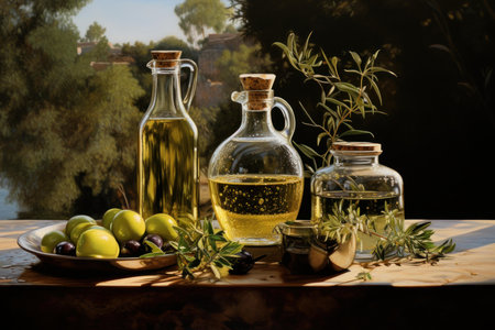 Glassy Olive oil bottle virgin. Ripe extra food. Generate Aiの素材