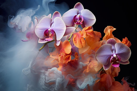 Orchids flower smoke. Bloom petal. Generate Aiの素材