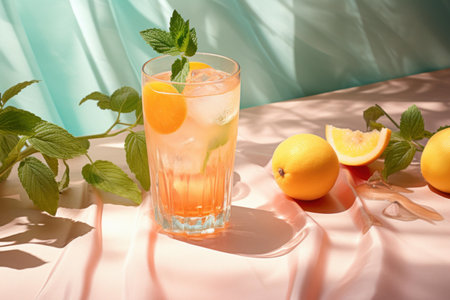 Peach iced tea. Summer food. Generate Aiの素材