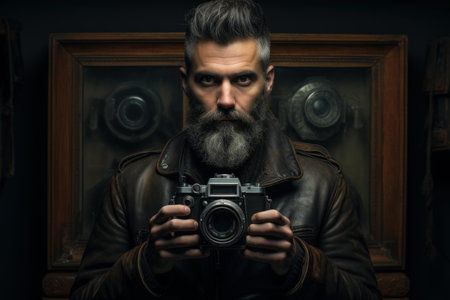 Photographic Man holding camera sunny day street photo. Travel summertime nature tourist holiday. Generate Aiの素材