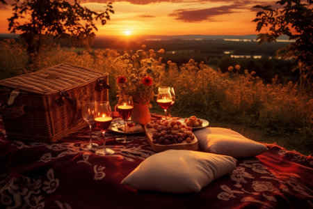 Tranquil Picnic sunset outdoor. Outdoor water sun. Generate Aiの素材
