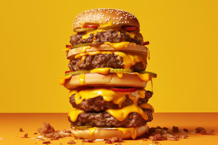 Mouthwatering Pile burgers orange background. Meat fresh. Generate Aiの素材