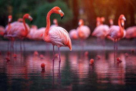 Flamingo lake water. Zoo birds. Generate Aiの素材