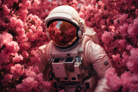 Intriguing Pink flowers astronaut. Space future fantasy. Generate Aiの素材