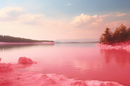 Majestic Pink lake view. Water summer. Generate Aiの素材