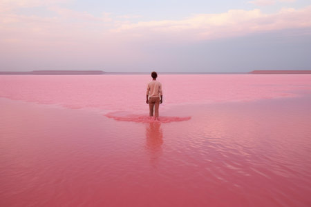 Pink lake view. Water summer. Generate Aiの素材