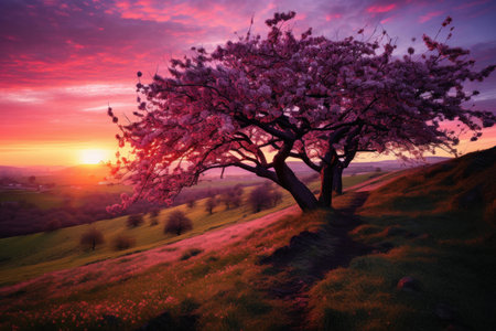 Picturesque Plum ripe tree sunset nature farm. Outdoor ripen fruit food vitamins. Generate Aiの素材