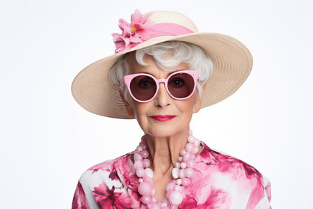 Sophisticated Portrait of stylish trendy senior woman isolated on grey background. Elegant old woman with sunglasses. Generate aiの素材