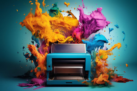Vibrant Printer color splashes. Art paper creative. Generate Aiの素材