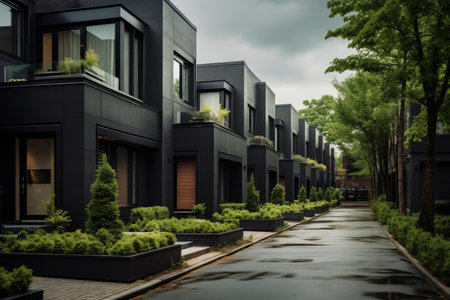 Secluded Private black townhouses. Wall facade. Generate Aiの素材