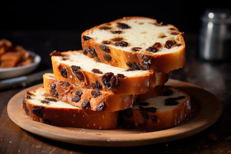 Sweet Raisin slices bread. Slice tasty delicious. Generate AIの素材