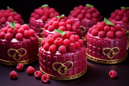 Sweet Raspberry cakes. Tart pie stand. Generate aiの素材