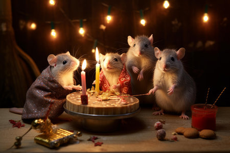 Adorable Cute rats figurines for Chinese new year celebration. Golden small mouse statues for zodiacal festive day. Generate aiの素材