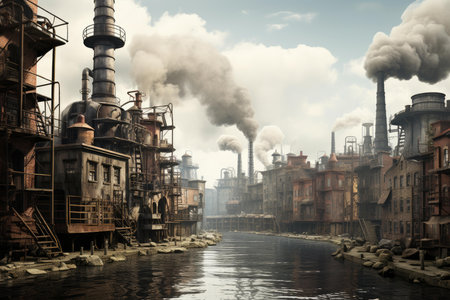 Industrial Smokestacks city. Pipe tower. Generate Aiの素材