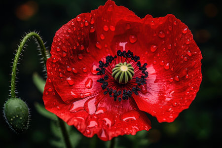 Vibrant Red poppy flower. Summer floral art leaf plant. Generate Aiの素材