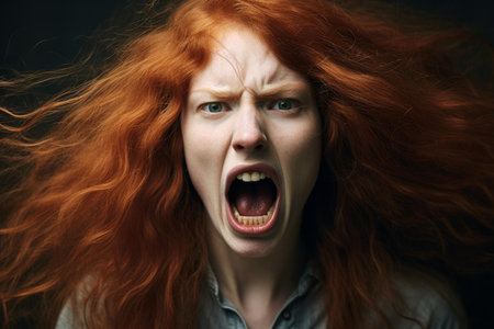 Fierce Red hair woman scream closeup. Gesture fashion adult health emotion. Generate Aiの素材