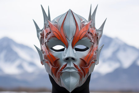 Illuminating Reflexion mountains mask light. Tourist freeze. Generate aiの素材