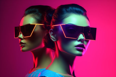 Bold Retrowave fashion clothing of couple. Stylish studio. Generate Aiの素材