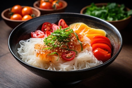 Savory Rice noodles bowl. Asian spicy table. Generate Aiの素材