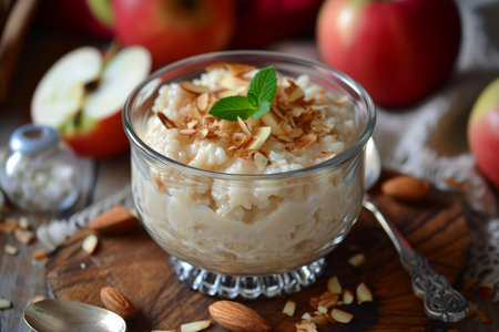 Delectable Rice pudding apple almond. Meal traditional dessert with diet milk. Generate Aiの素材