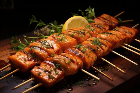 Savory Roasted salmon skewers. Dinner meal cuisine meat recipe. Generate Aiの素材