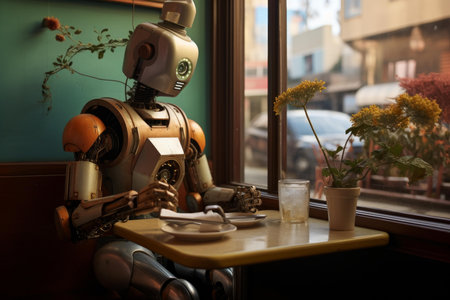 Innovative Robots restaurant serving. Futuristic coffee work robot service. Generate Aiの素材