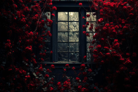 Intricate Red rose glass window. Romance floral. Generate Aiの素材