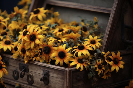 Hidden Yellow flowers in drawer. Floral love wooden plant spring. Generate AIの素材