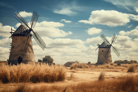 Picturesque Autumn field windmills sunset. Scene travel. Generate Aiの素材