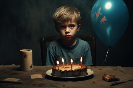 Melancholic Sad boy birthday. Alone little guy sitting with celebration cake. Generate aiの素材