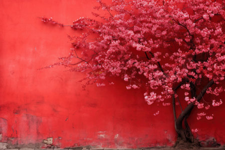 Vibrant Sakura red wall without door. Street exterior. Generate Aiの素材