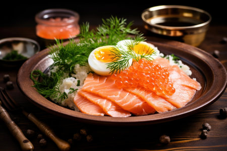 Spherical Salmon eggs food. Fish breakfast. Generate Aiの素材